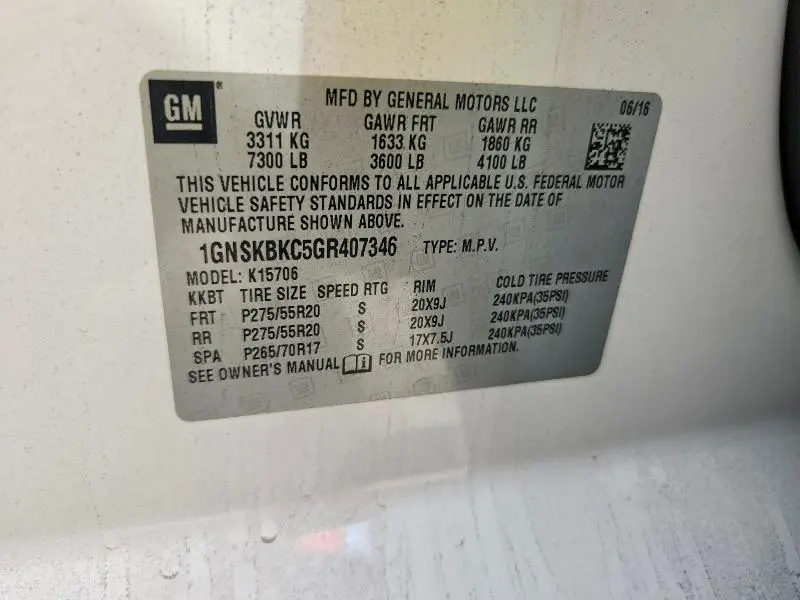 2016 CHEVROLET TAHOE K1500 LT  