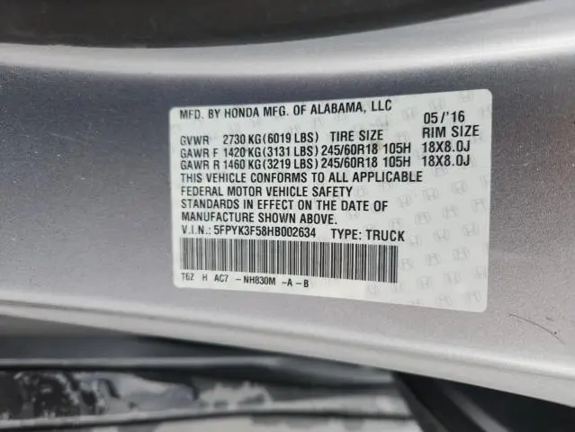 2017 HONDA RIDGELINE RTL  