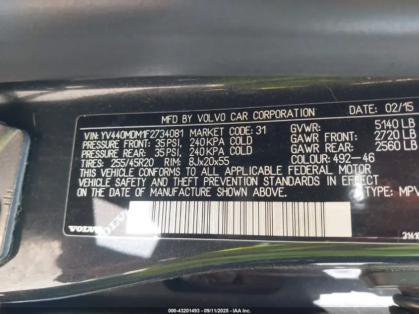 2015 VOLVO XC60 T5 PLATINUM