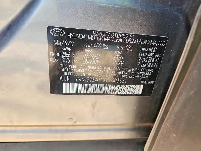 2019 HYUNDAI SANTA FE SE 2.4L  
