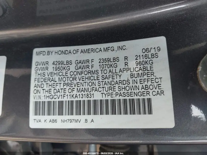 2019 HONDA ACCORD LX