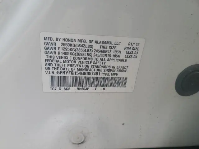 2016 HONDA PILOT EXL  