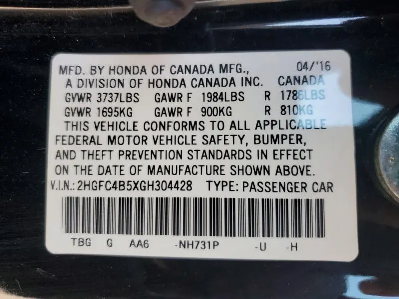 2016 HONDA CIVIC LX  