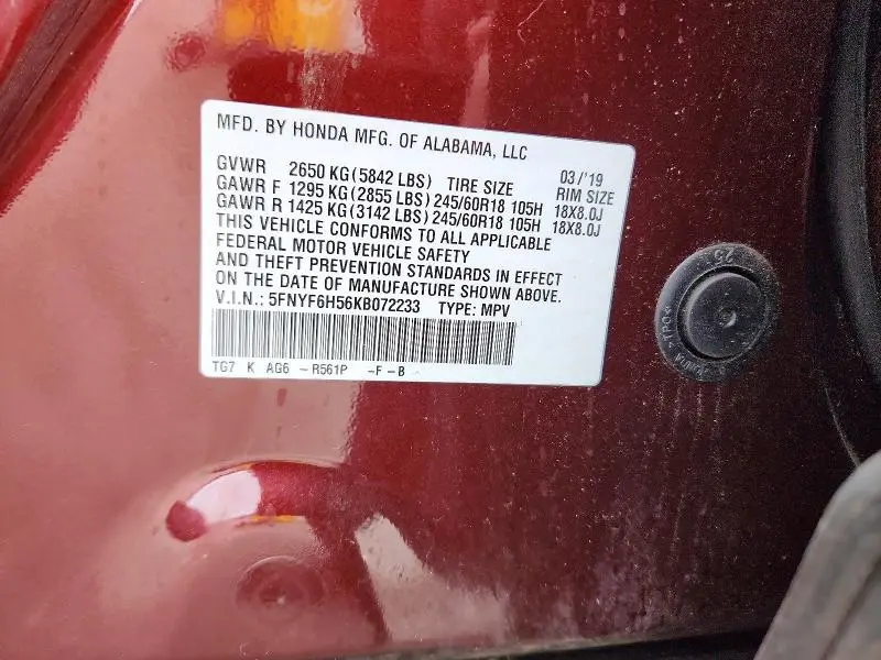 2019 HONDA PILOT EXL  