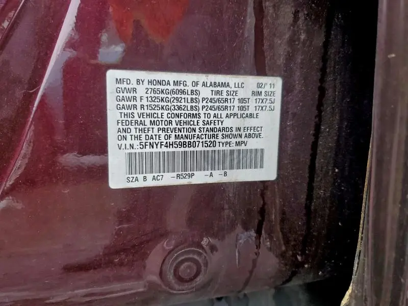 2011 HONDA PILOT EXL  