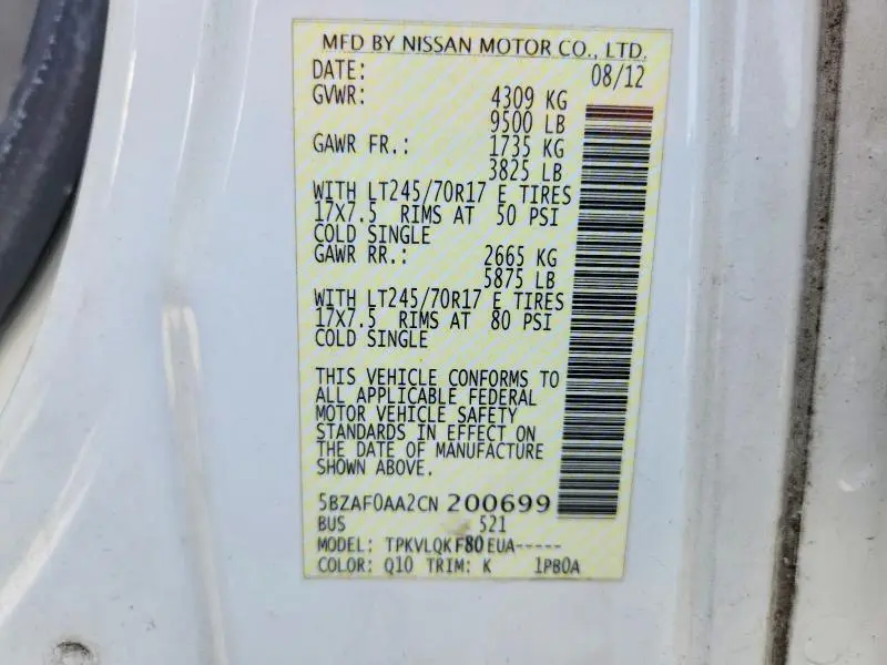 2012 NISSAN NV 3500 HD S  