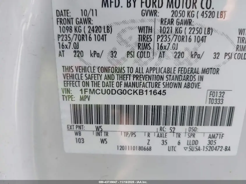 2012 FORD ESCAPE XLT