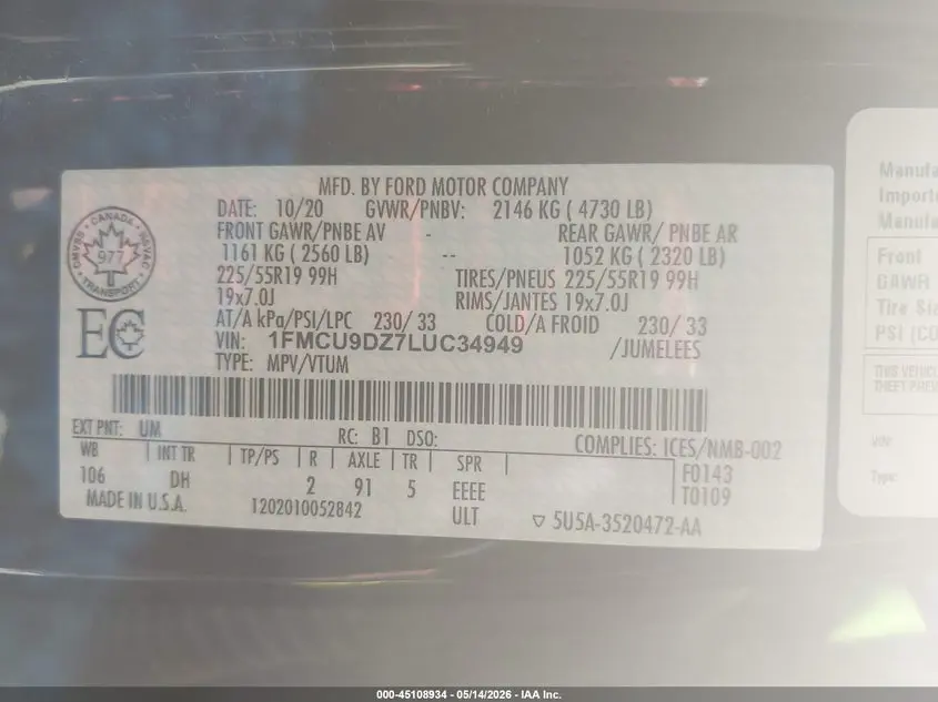 2020 FORD ESCAPE TITANIUM HYBRID