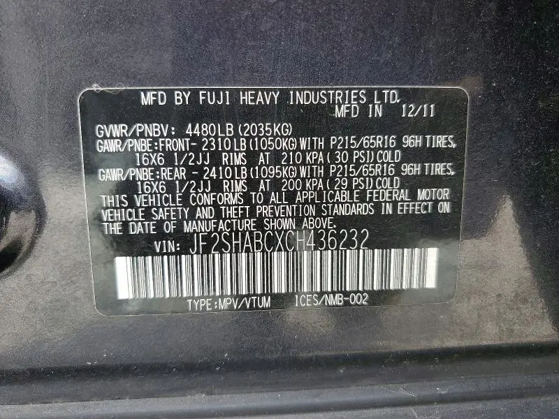 2012 SUBARU FORESTER 2.5X  