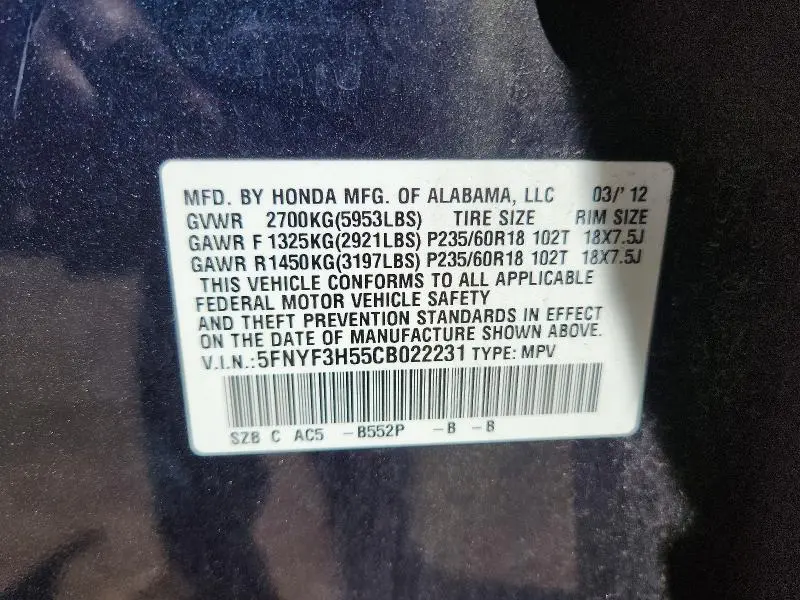 2012 HONDA PILOT EXL  