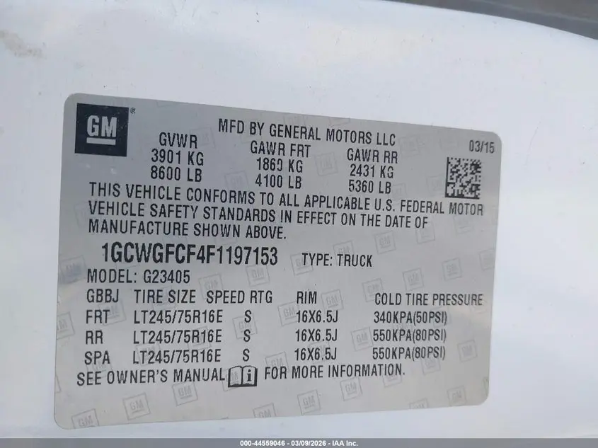 2015 CHEVROLET EXPRESS 2500 WORK VAN