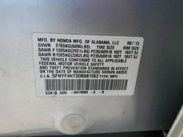 2013 HONDA PILOT EXLN  