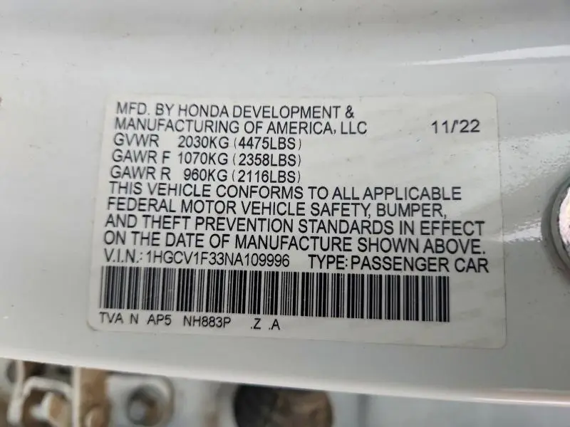 2022 HONDA ACCORD SPORT  