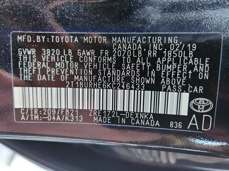 2019 TOYOTA COROLLA L  