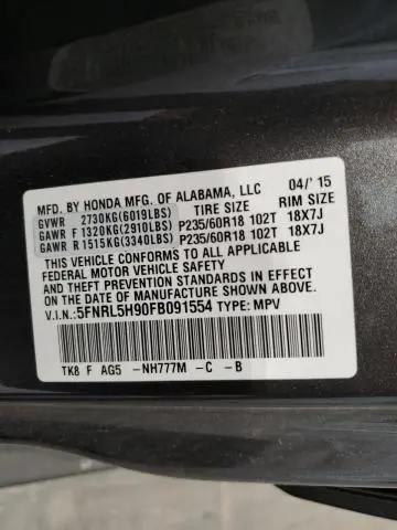 2015 HONDA ODYSSEY TOURING  