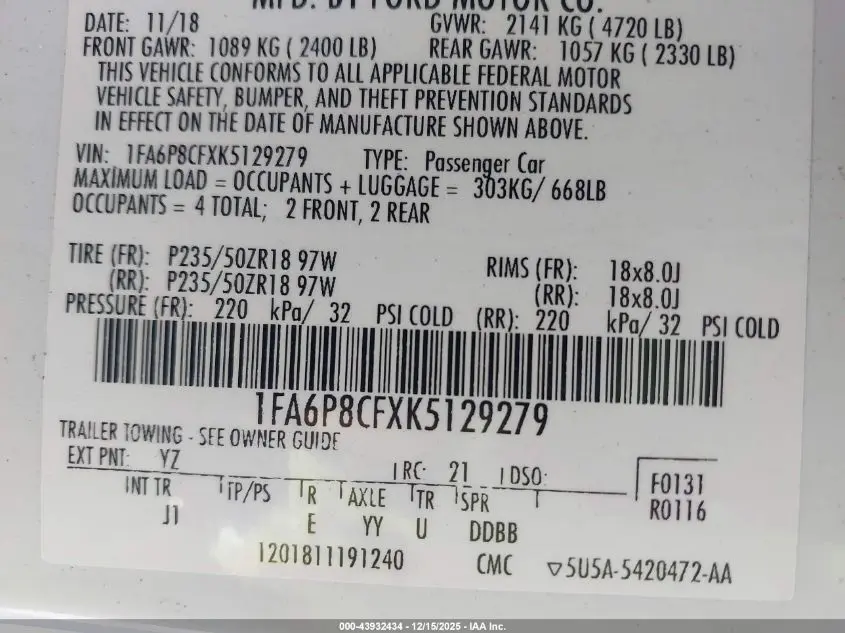 2019 FORD MUSTANG GT PREMIUM