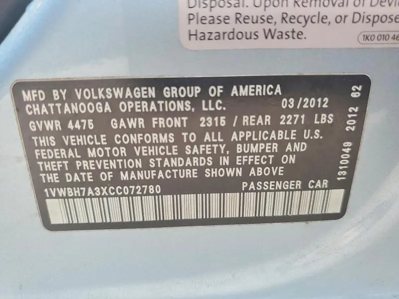2012 VOLKSWAGEN PASSAT SE  