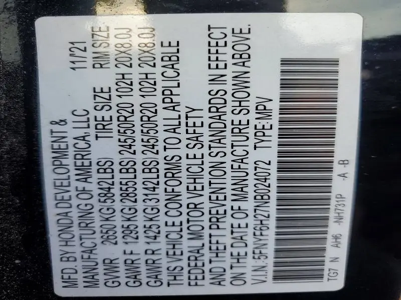 2022 HONDA PILOT SE  