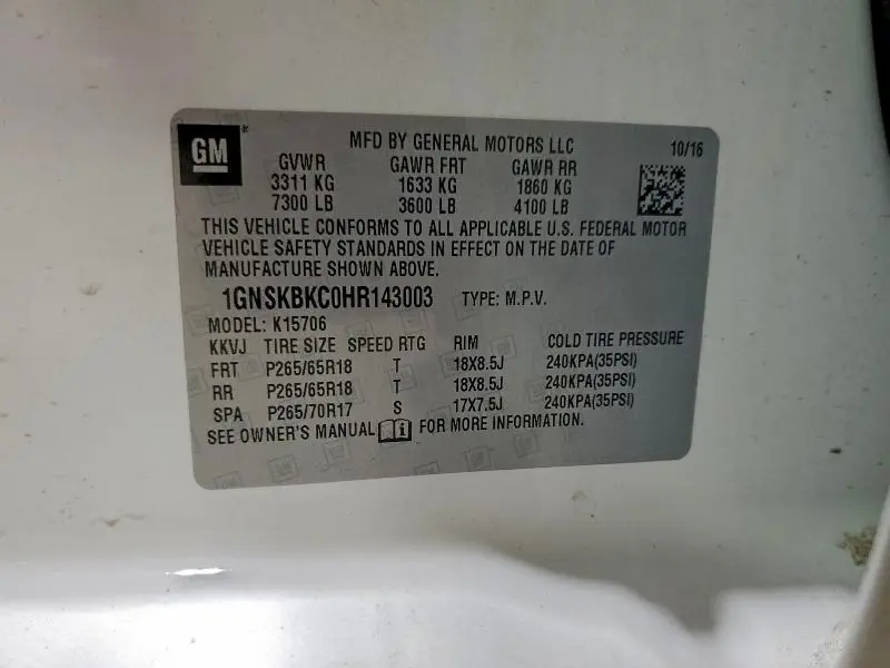 2017 CHEVROLET TAHOE K1500 LT  