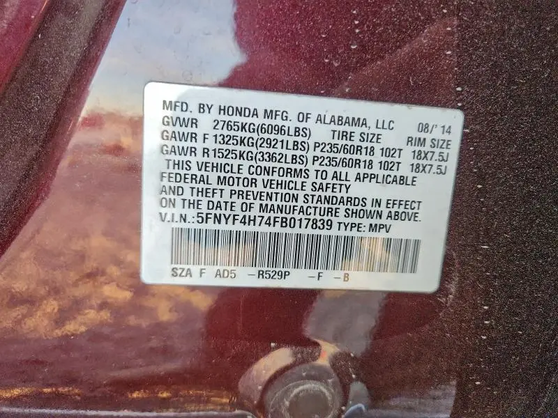 2015 HONDA PILOT EXLN  