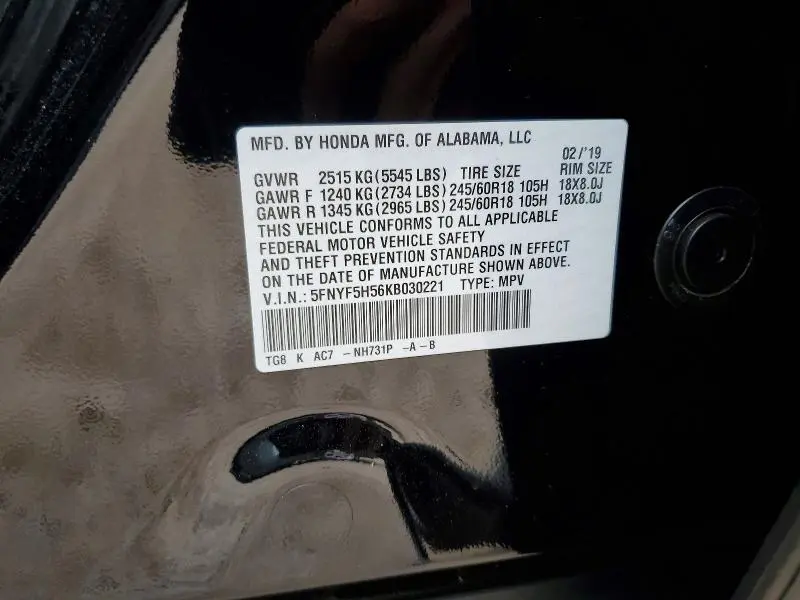 2019 HONDA PILOT EXL  