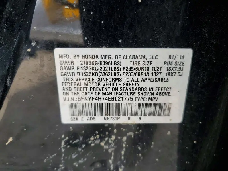 2014 HONDA PILOT EXLN  