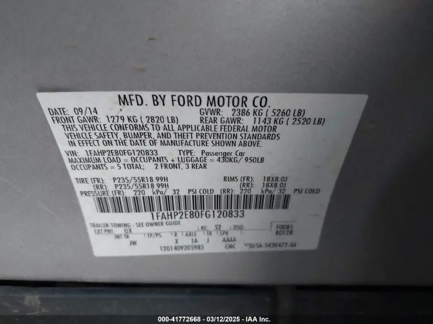 2015 FORD TAURUS SEL