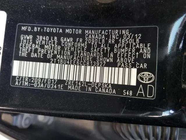 2012 TOYOTA COROLLA BASE  