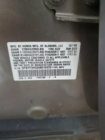 2010 HONDA PILOT EXL  