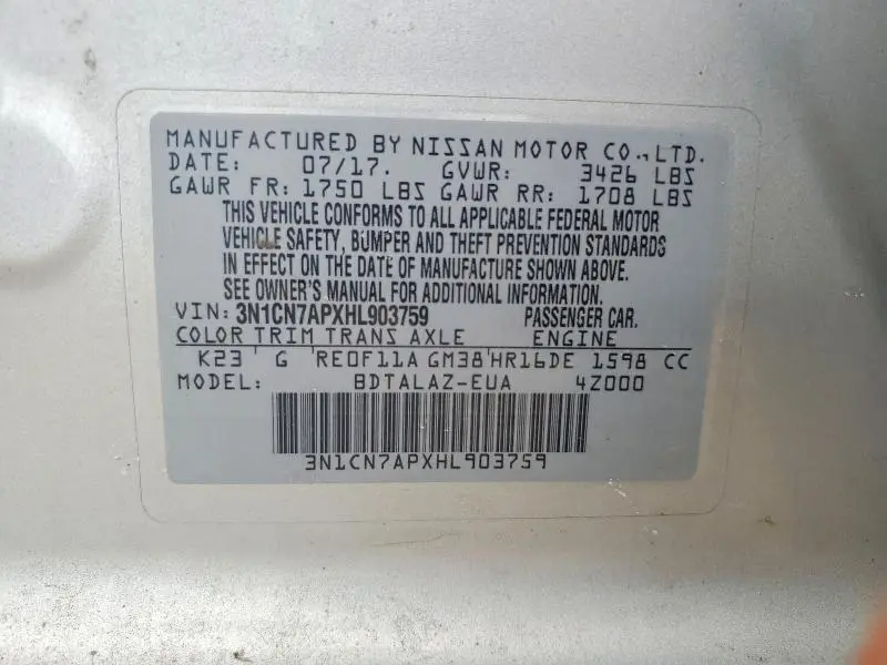 2017 NISSAN VERSA 1.6 S PLUS  