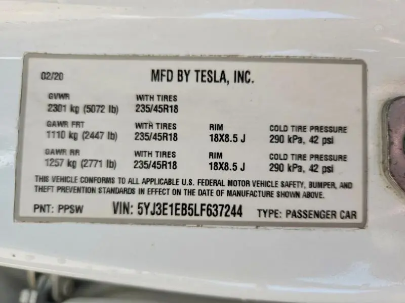 2020 TESLA MODEL 3   