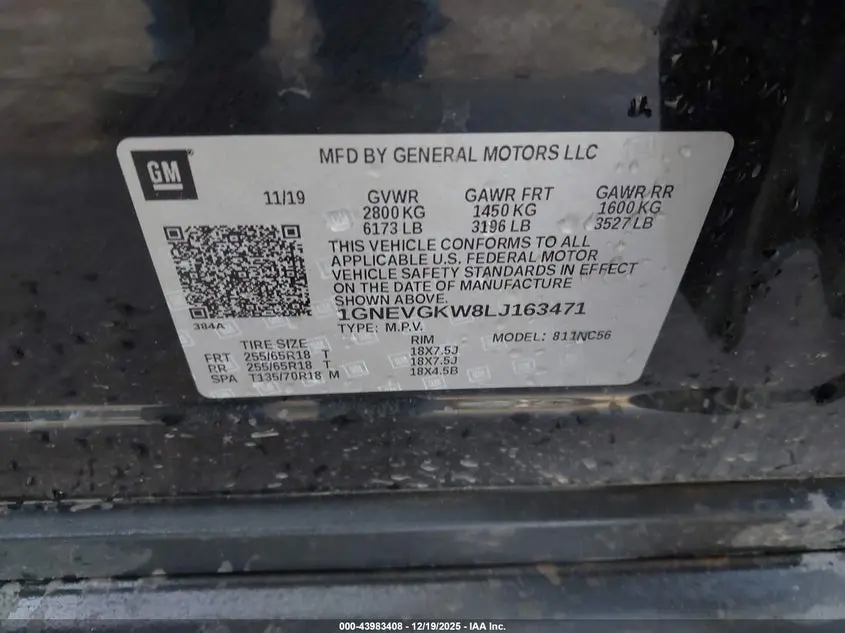 2020 CHEVROLET TRAVERSE AWD LT CLOTH