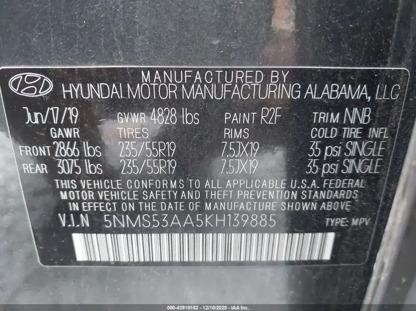 2019 HYUNDAI SANTA FE LIMITED 2.0T