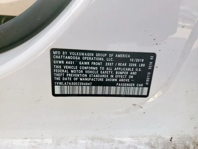 2019 VOLKSWAGEN PASSAT WOLFSBURG  