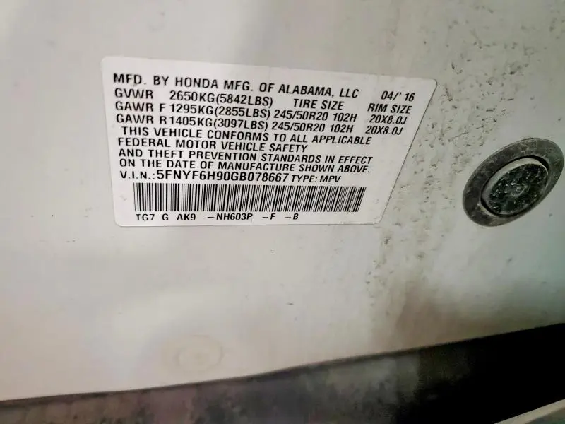 2016 HONDA PILOT TOURING  