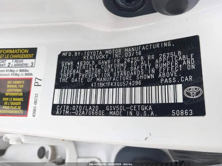 2016 TOYOTA CAMRY XLE V6