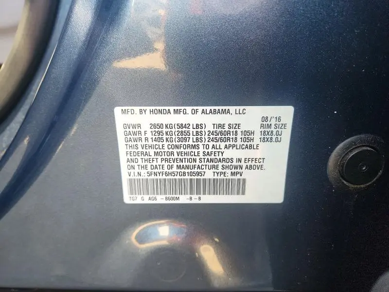 2016 HONDA PILOT EXL  