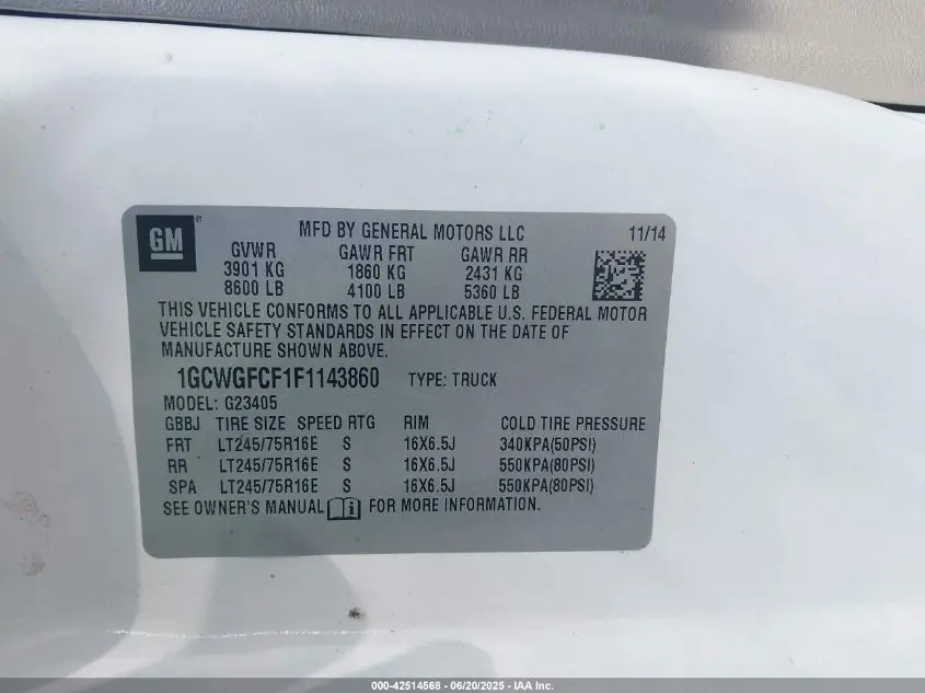 2015 CHEVROLET EXPRESS 2500 WORK VAN