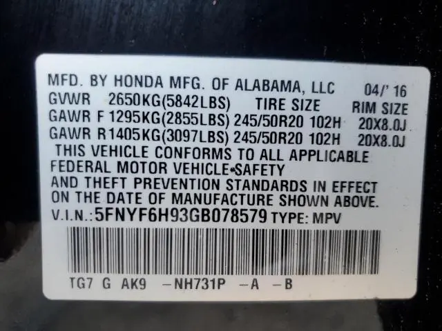 2016 HONDA PILOT TOURING  