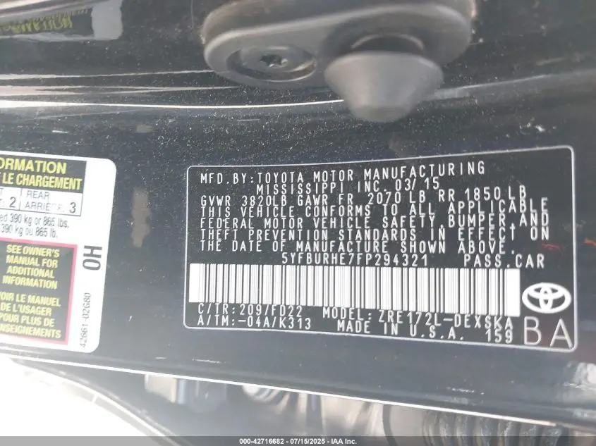2015 TOYOTA COROLLA S PLUS