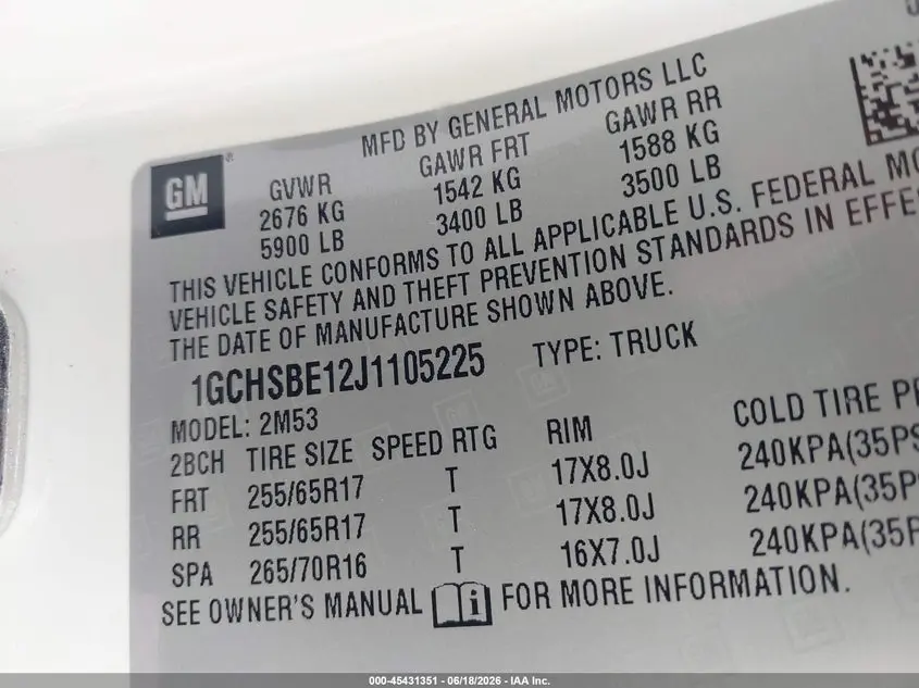 2018 CHEVROLET COLORADO 2WD WORK TRUCK