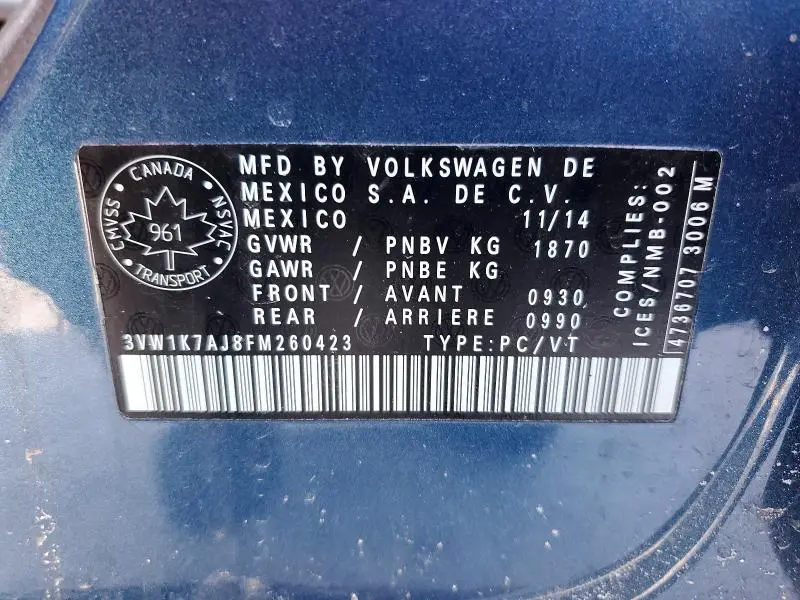 2015 VOLKSWAGEN JETTA BASE  