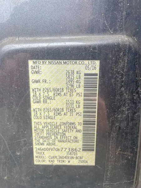 2016 NISSAN FRONTIER SV  