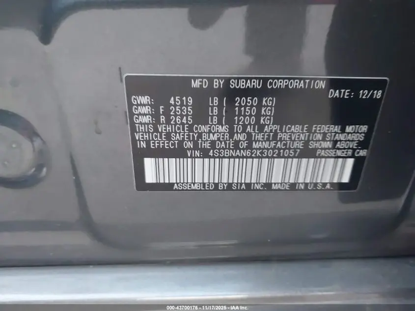 2019 SUBARU LEGACY 2.5I LIMITED