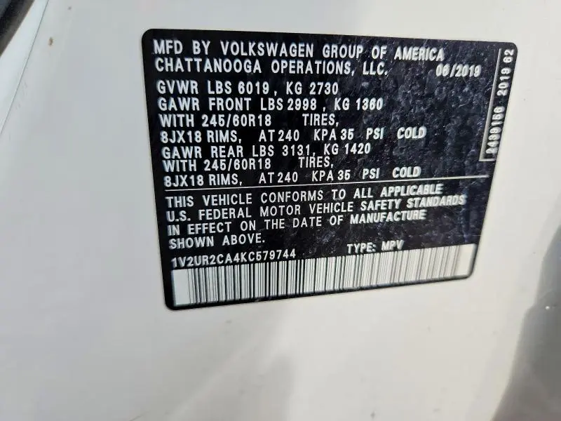 2019 VOLKSWAGEN ATLAS SE  