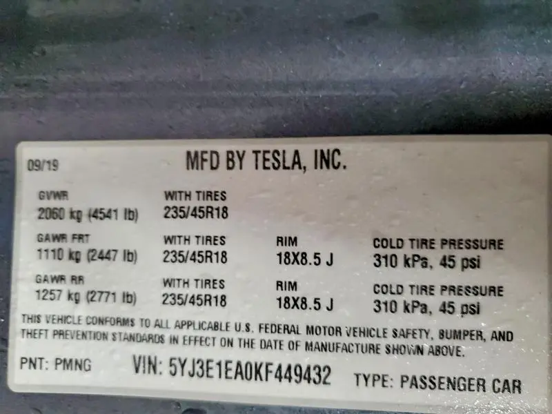 2019 TESLA MODEL 3   