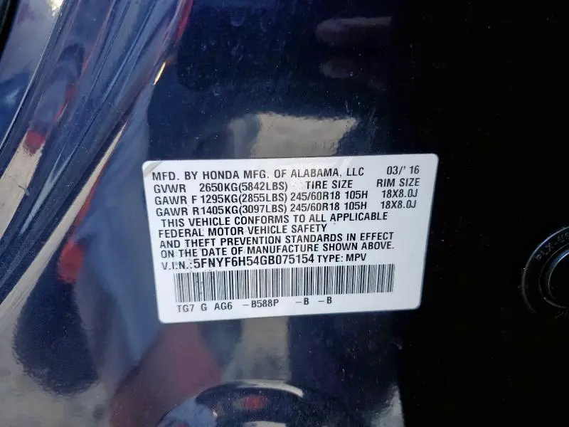 2016 HONDA PILOT EXL  