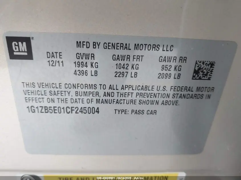 2012 CHEVROLET MALIBU LS