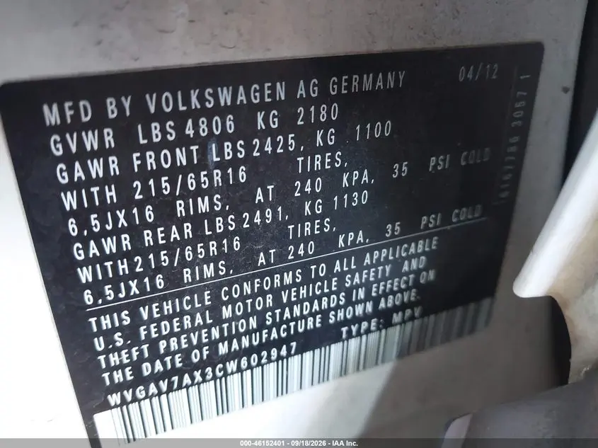 2012 VOLKSWAGEN TIGUAN S