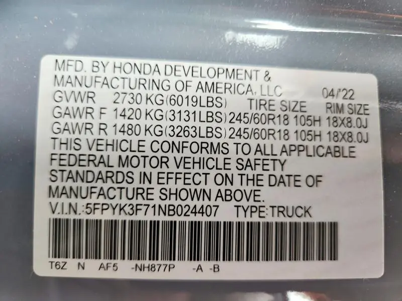 2022 HONDA RIDGELINE RTL  